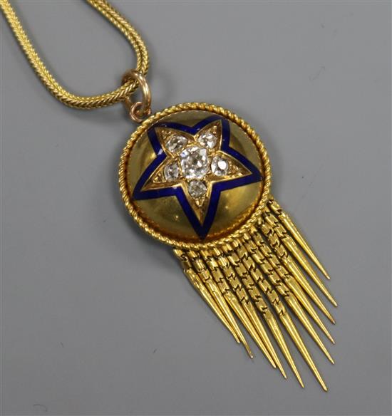A Victorian yellow metal, diamond and enamel set tassel drop pendant, on a yellow metal chain, pendant 41mm.